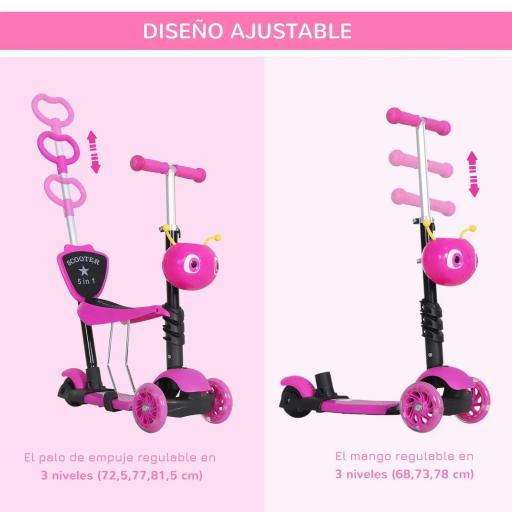 3 en 1 Patinete para Niños de +18 Meses Scooter de 3 Ruedas con Asiento Extraíble Manillar Mango de Empuje Altura Ajustable 62x25x72,5 cm Rosa [1]