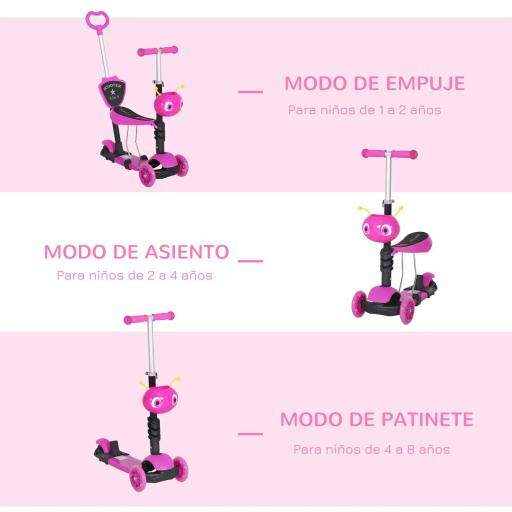 3 en 1 Patinete para Niños de +18 Meses Scooter de 3 Ruedas con Asiento Extraíble Manillar Mango de Empuje Altura Ajustable 62x25x72,5 cm Rosa [6]