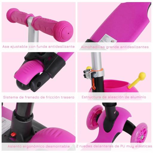 3 en 1 Patinete para Niños de +18 Meses Scooter de 3 Ruedas con Asiento Extraíble Manillar Mango de Empuje Altura Ajustable 62x25x72,5 cm Rosa [5]