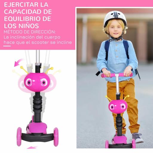 3 en 1 Patinete para Niños de +18 Meses Scooter de 3 Ruedas con Asiento Extraíble Manillar Mango de Empuje Altura Ajustable 62x25x72,5 cm Rosa [2]