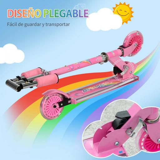Patinete Infantil Plegable con Luces Música Altura Ajustable Ruedas Brillantes Pedal LED Carga 50kg 67x32x65-78cm Rosa [2]