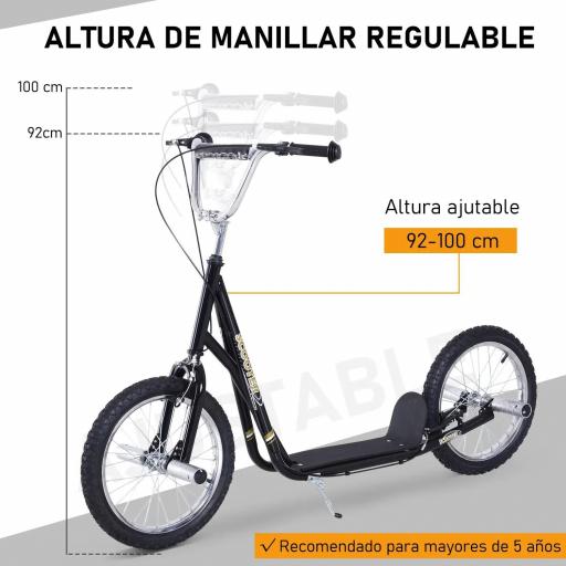 Patinete Scooter para Niños de +5 Años con Neumáticos Inflables Grandes de 16 Pulgadas con Frenos y Manillar Ajustable en Altura 143x58x92-100 cm Negro [8]