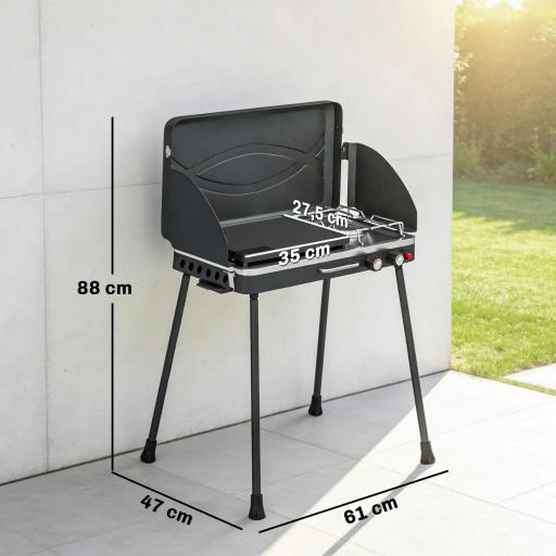 Barbacoa de Gas Portátil 2 en 1 Propano 7 kW de Mesa o de Pie con Plancha Grande Patas Desmontables Negro [1]