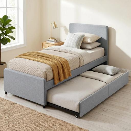 Cama Nido Individual 90x190 cm Estructura de Cama Tapizada en Lino con Cabecero y Piecero Listones de Madera Gris Claro [0]