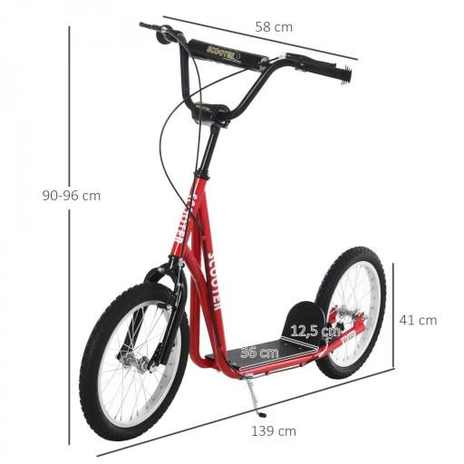 Scooter Patinete para Niños +5 Años y Adolescentes con Manillar Ajustable en Altura 2 Neumáticos de Caucho Inflable con Doble Freno y Ruedas 16" Carga 100 kg 139x58x90-96 cm Rojo [2]
