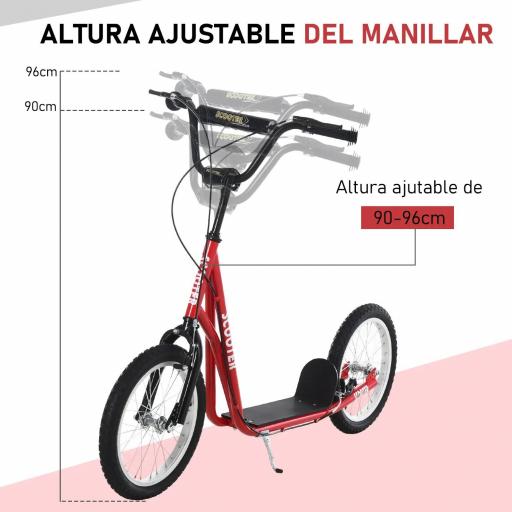 Scooter Patinete para Niños +5 Años y Adolescentes con Manillar Ajustable en Altura 2 Neumáticos de Caucho Inflable con Doble Freno y Ruedas 16" Carga 100 kg 139x58x90-96 cm Rojo [4]