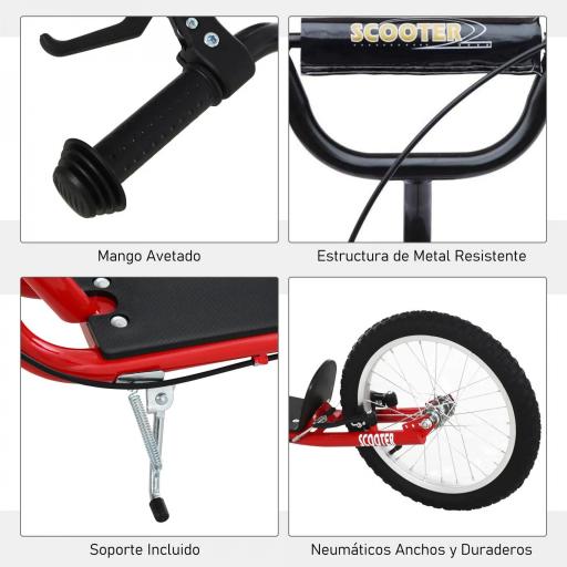 Scooter Patinete para Niños +5 Años y Adolescentes con Manillar Ajustable en Altura 2 Neumáticos de Caucho Inflable con Doble Freno y Ruedas 16" Carga 100 kg 139x58x90-96 cm Rojo [7]