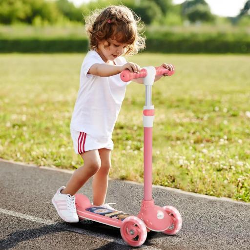 Patinete Infantil Patinete con 3 Ruedas Luces LED Altura Ajustable Carga 25 kg 52x29x63-76 cm Rosa