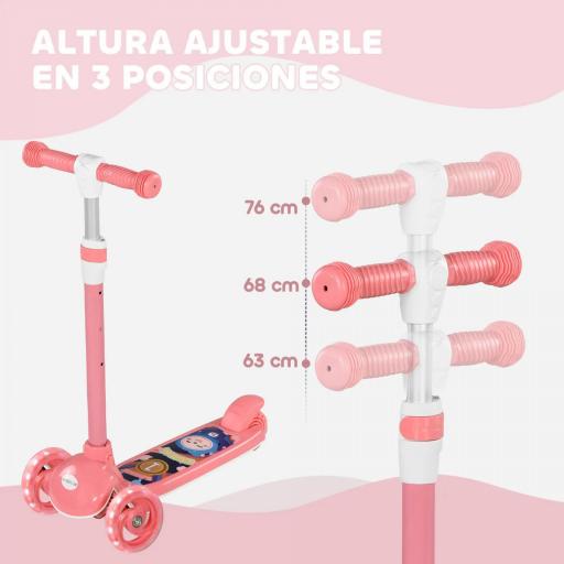Patinete Infantil Patinete con 3 Ruedas Luces LED Altura Ajustable Carga 25 kg 52x29x63-76 cm Rosa [3]