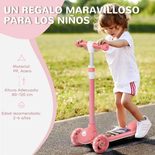 Patinete Infantil Patinete con 3 Ruedas Luces LED Altura Ajustable Carga 25 kg 52x29x63-76 cm Rosa [4]