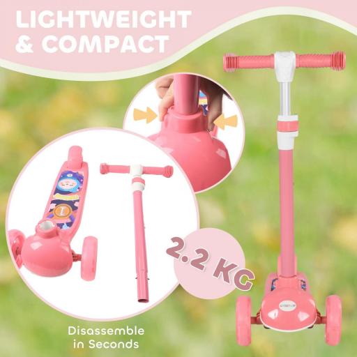 Patinete Infantil Patinete con 3 Ruedas Luces LED Altura Ajustable Carga 25 kg 52x29x63-76 cm Rosa [10]