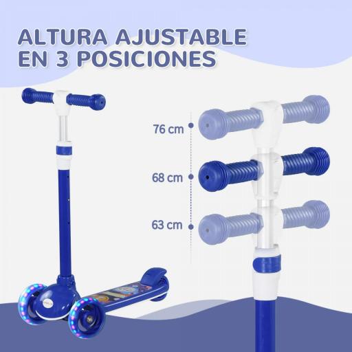 Patinete Infantil Patinete con 3 Ruedas Luces LED Altura Ajustable Carga 25 kg 52x29x63-76 cm Azul [2]