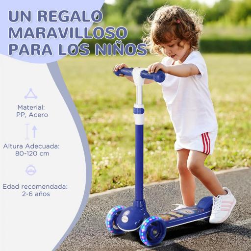 Patinete Infantil Patinete con 3 Ruedas Luces LED Altura Ajustable Carga 25 kg 52x29x63-76 cm Azul [6]