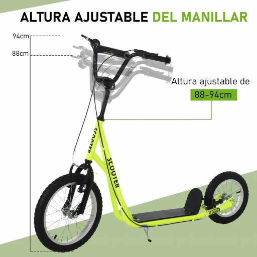 Scooter Patinete para Niños Mayores de 5 Años con 2 Neumáticos de Caucho Inflable con Doble Freno Manillar Ajustable en Altura Soporte 100 kg 135x58x88-94 cm Amarillo [2]