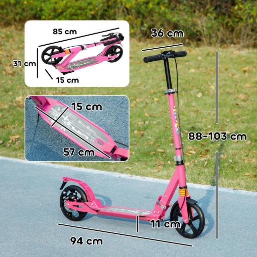 Patinete infantil con manillares ajustables, plegable, para niños 6-12 años, 94 x 36 x 88-103 cm, Rosa [2]
