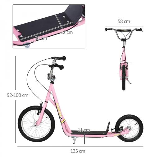 Patinete para Niños Mayores de 5 Años Scooter de 2 Ruedas Grandes con Doble Freno y Manillar Ajustable en Altura para Adolescentes Adultos 135x58x92-100 cm Rosa [1]