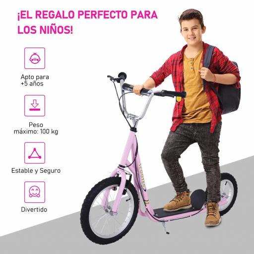 Patinete para Niños Mayores de 5 Años Scooter de 2 Ruedas Grandes con Doble Freno y Manillar Ajustable en Altura para Adolescentes Adultos 135x58x92-100 cm Rosa [3]