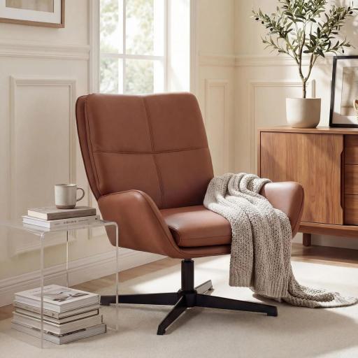 Butaca de Salón Tapizado en PU Sillón Lectura con Asiento Acolchado Reposabrazos Patas Metálicas Marrón