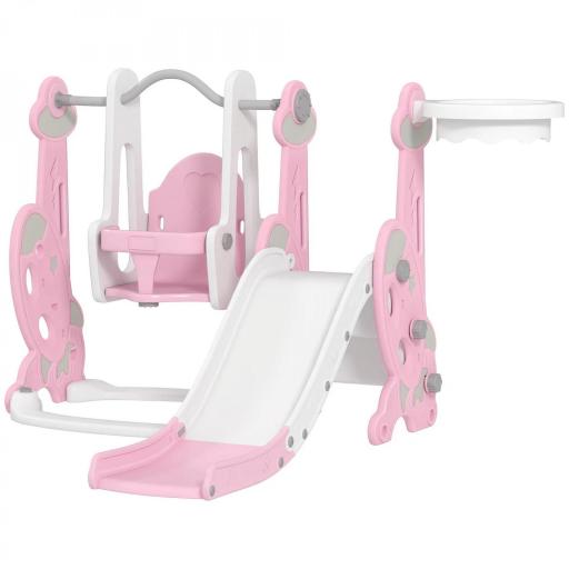  4 en 1 Parque Infantil Interior para +18 Meses Conjunto con Trepador y Canasta con Temática de Cohete Rosa y Blanco [9]