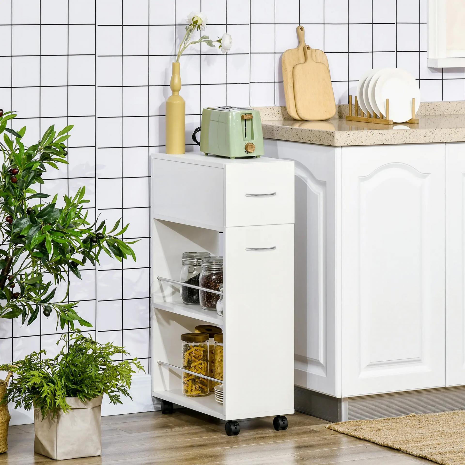 Carrito de Cocina Verdulero con 1 Cajón y 2 Estantes Abiertos Carro Auxiliar con Ruedas 25x50x85 cm Blanco