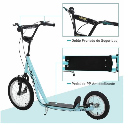 Scooter Patinete para Niños Mayores de 5 Años con 2 Neumáticos de Caucho Inflable con Doble Freno Manillar Ajustable en Altura Soporte 100 kg 135x58x88-94 cm Azul [8]