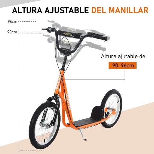 Scooter Patinete para Niños +5 Años y Adolescentes con Manillar Ajustable en Altura 2 Neumáticos de Caucho Inflable con Doble Freno y Ruedas 16" Carga 100 kg 139x58x90-96 cm Naranja [4]