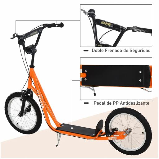 Scooter Patinete para Niños +5 Años y Adolescentes con Manillar Ajustable en Altura 2 Neumáticos de Caucho Inflable con Doble Freno y Ruedas 16" Carga 100 kg 139x58x90-96 cm Naranja [7]