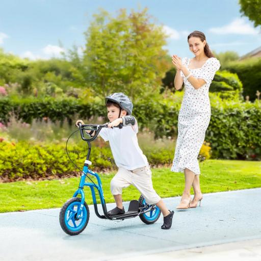 Patinete scooter para niños con manillar ajustable, ruedas grandes, soporte de estacionamiento, freno de mano, para niños de 5 a 12 años, Azul