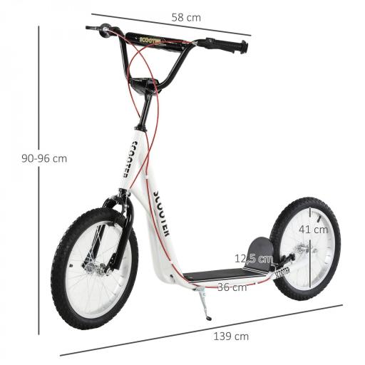 Scooter Patinete para Niños +5 Años y Adolescentes con Manillar Ajustable en Altura 2 Neumáticos de Caucho Inflable con Doble Freno y Ruedas 16" Carga 100 kg 139x58x90-96 cm Blanco [2]