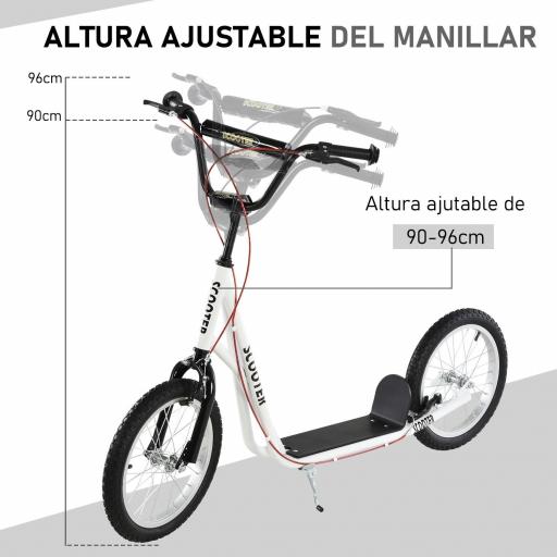 Scooter Patinete para Niños +5 Años y Adolescentes con Manillar Ajustable en Altura 2 Neumáticos de Caucho Inflable con Doble Freno y Ruedas 16" Carga 100 kg 139x58x90-96 cm Blanco [3]
