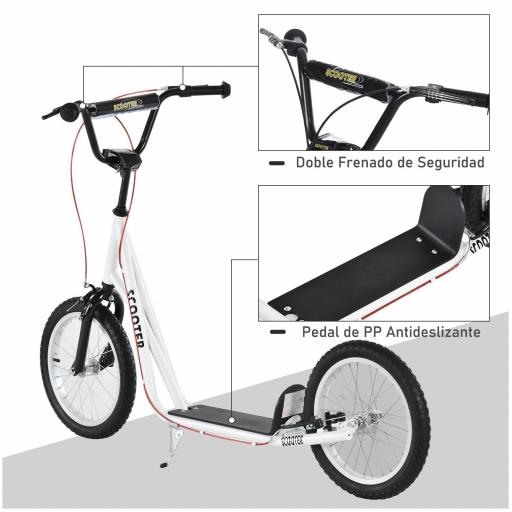 Scooter Patinete para Niños +5 Años y Adolescentes con Manillar Ajustable en Altura 2 Neumáticos de Caucho Inflable con Doble Freno y Ruedas 16" Carga 100 kg 139x58x90-96 cm Blanco [5]
