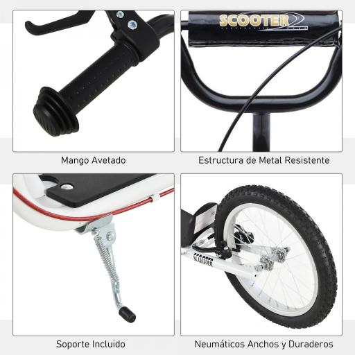 Scooter Patinete para Niños +5 Años y Adolescentes con Manillar Ajustable en Altura 2 Neumáticos de Caucho Inflable con Doble Freno y Ruedas 16" Carga 100 kg 139x58x90-96 cm Blanco [4]