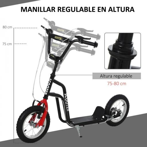 Patinete Infantil de +5 Años con Manillar Ajustable en Altura y Estructura de Acero Carga 100 kg 120x58x75-80 cm Negro [3]