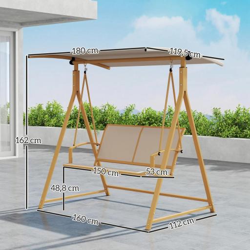 Columpio de Jardín de 2 Plazas con Toldo Ajustable y Estructura Triangular de Metal Carga 220 kg 160x112x162 cm Caqui [1]