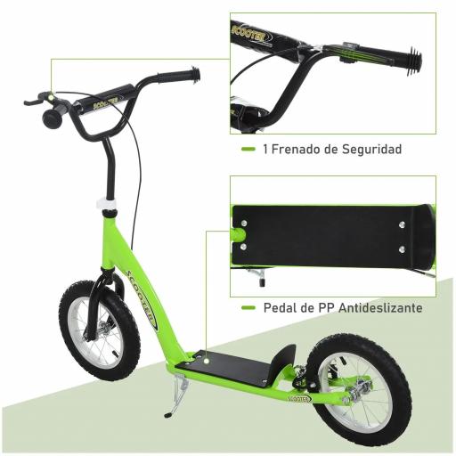 Patinete para Niños Mayores de 5 Años Scooter 2 Neumáticos Inflables de Caucho con Frenos Manillar Ajustable Pedal Antideslizante 117x52x80-85 cm Verde [3]