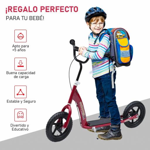Patinete para Niños de 5-12 Años Scooter de 2 Ruedas Grandes de 12 Pulgadas con Freno y Manillar Ajustable en Altura Carga Máx. 50 kg 120x52x80-88 cm Rojo [1]