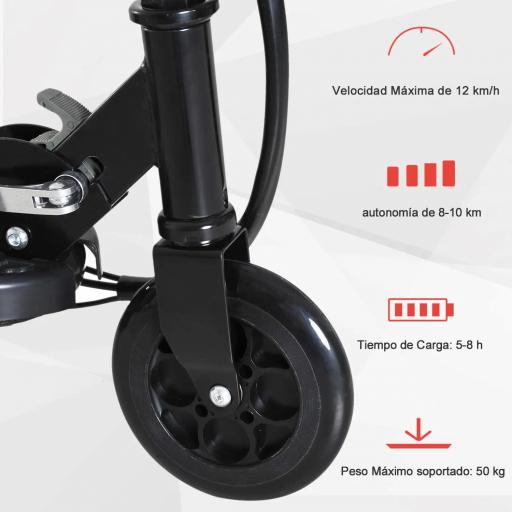 Patinete Eléctrico para Niños de +7 Años Scooter Plegable con Altura Ajustable Batería Recargable 24V Velocidad hasta 12 km/h y Freno Carga 50 kg 74x36x69-91 cm Negro [1]