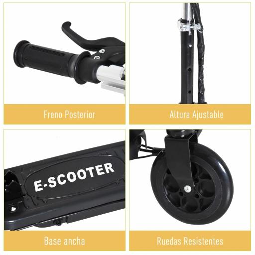 Patinete Eléctrico para Niños de +7 Años Scooter Plegable con Altura Ajustable Batería Recargable 24V Velocidad hasta 12 km/h y Freno Carga 50 kg 74x36x69-91 cm Negro [5]