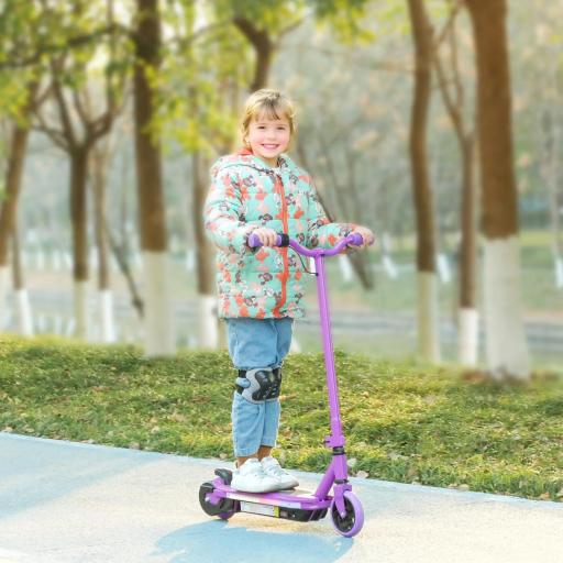 Monopatín eléctrico para niños 6-14 años, velocidad máxima 10 km/h, luces LED de colores, freno electrónico, violeta