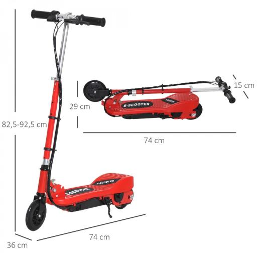 Patinete Eléctrico para Niños de +7 Años Scooter Plegable con Altura Ajustable Batería Recargable 24V Velocidad hasta 12 km/h y Freno Carga 50 kg 74x36x73-91 cm Rojo [6]