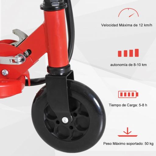 Patinete Eléctrico para Niños de +7 Años Scooter Plegable con Altura Ajustable Batería Recargable 24V Velocidad hasta 12 km/h y Freno Carga 50 kg 74x36x73-91 cm Rojo [4]