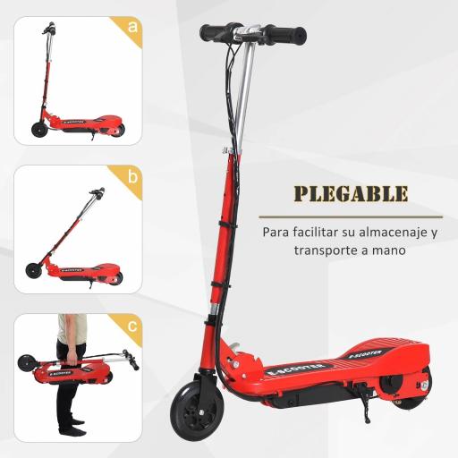 Patinete Eléctrico para Niños de +7 Años Scooter Plegable con Altura Ajustable Batería Recargable 24V Velocidad hasta 12 km/h y Freno Carga 50 kg 74x36x73-91 cm Rojo [5]