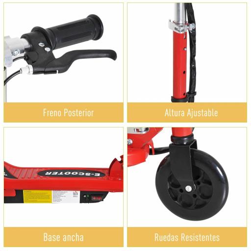 Patinete Eléctrico para Niños de +7 Años Scooter Plegable con Altura Ajustable Batería Recargable 24V Velocidad hasta 12 km/h y Freno Carga 50 kg 74x36x73-91 cm Rojo [1]