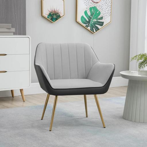 Silla de Cuero Sintético y Terciopelo con Respaldo a Rayas Patas Doradas y Asiento Acolchado para Salón Dormitorio Gris
