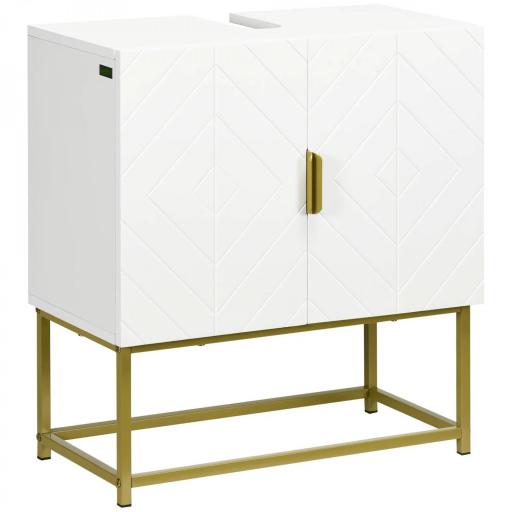 Mueble para Debajo del Lavabo Moderno Armario Bajo con 2 Puertas y Patas de Acero 60x30x65 cm Blanco y Dorado [5]