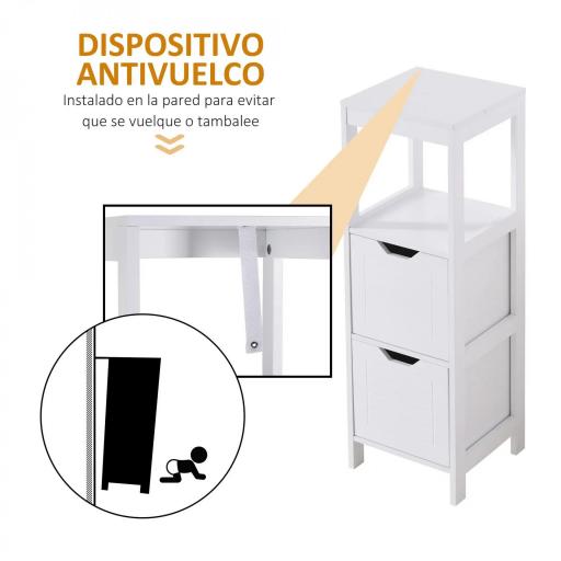 Armario de Baño Gabinete Multifuncional con Estante Abierto 2 Cajones de Almacenaje Diseño Antivuelco 30x30x89 cm Blanco [3]