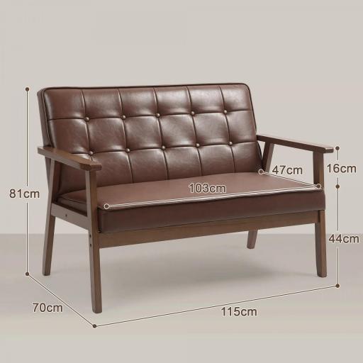 Sofá de 2 Plazas Tapizado en PU con Reposabrazos de Madera Respaldo Acolchado Carga 250 kg Marrón [1]