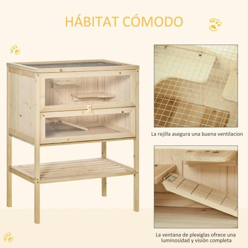Jaula de Madera para Hámster Ratones Casa de Juegos con 5 Plataformas Rampa Techo Abatible Ventana Cristal Plástico y Estante Inferior 60x40x80 cm Natural [3]