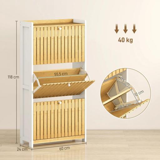 Zapatero Estrecho con 3 Puertas de Bambú con Listones Estantes Ajustables para 18 Pares de Zapatos Blanco y Natural [1]