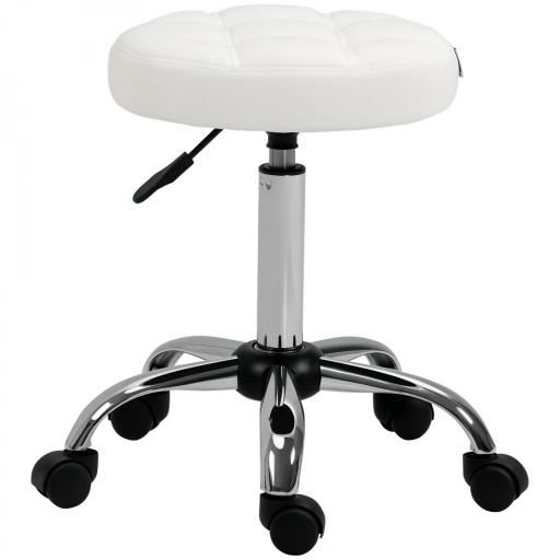 Taburete Giratorio con Ruedas Regulable en Altura de 48-63 cm Taburete de Trabajo Tapizado en Cuero PU para Peluquería Cosmética Dentista Diámetro Ø35,5 cm Blanco [2]